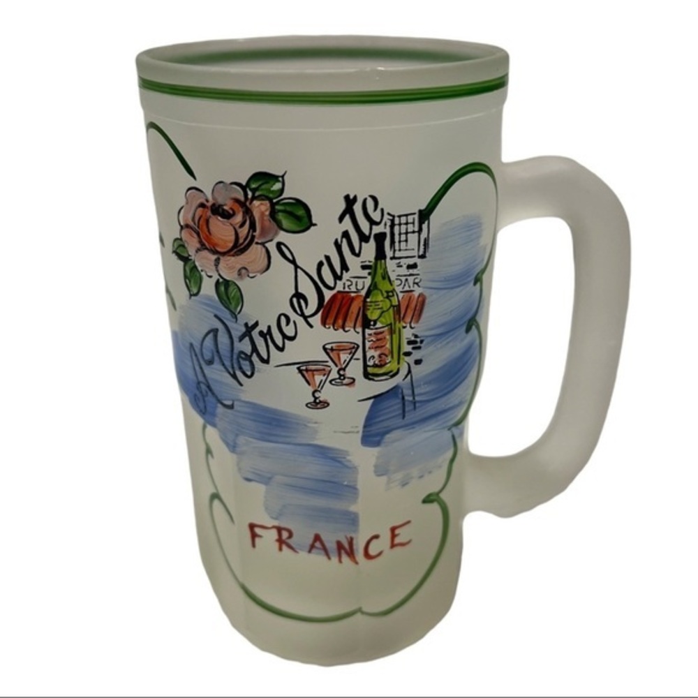 HAZEL ATLAS Vtg Gay Fad Frosted Glass Beer Mug Hand Painted Votre Sante France